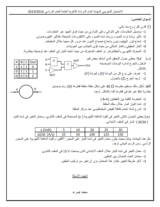 اختبار الفيزياء 2 ثانوي